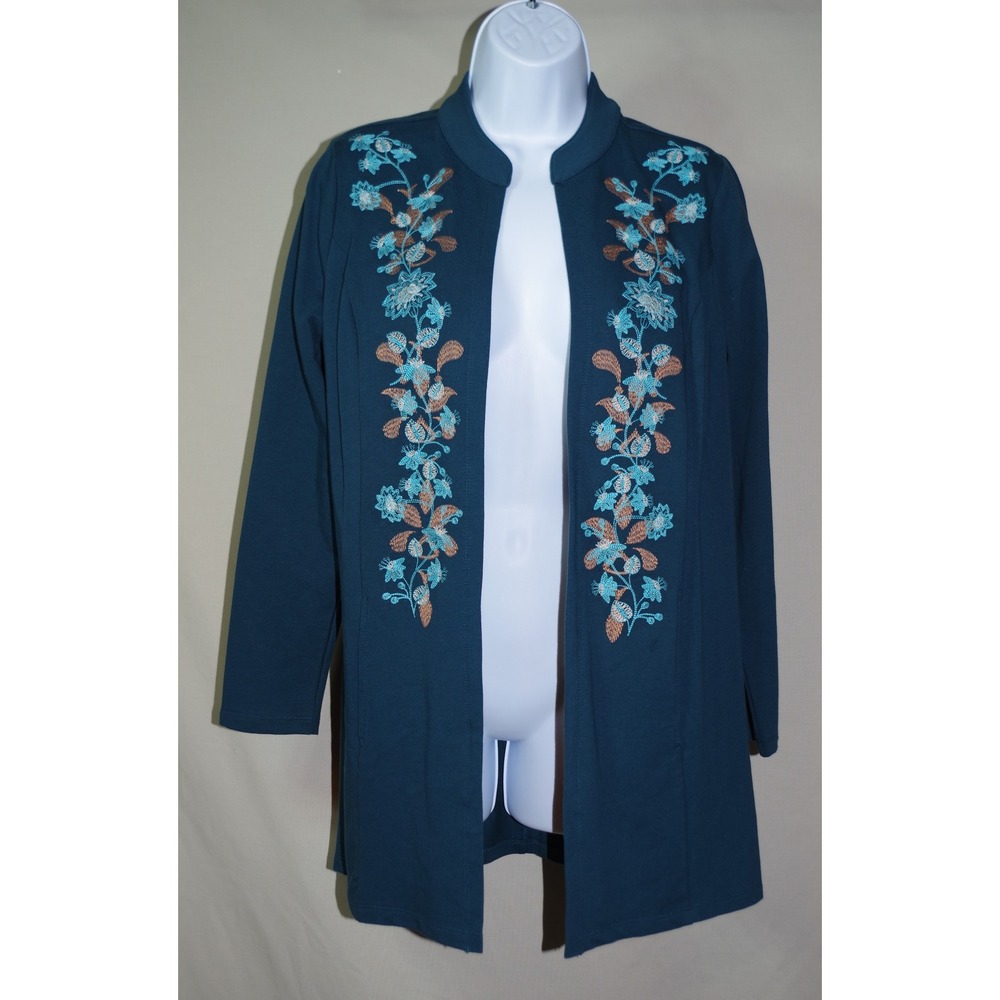 Denim & Co Woman's XS Teal Blue Floral Embroidered Open Front Cardigan Jacket